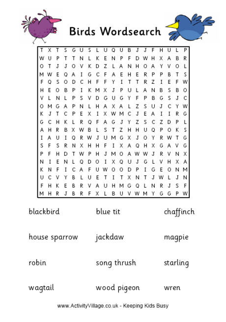 Birds of the UK word search