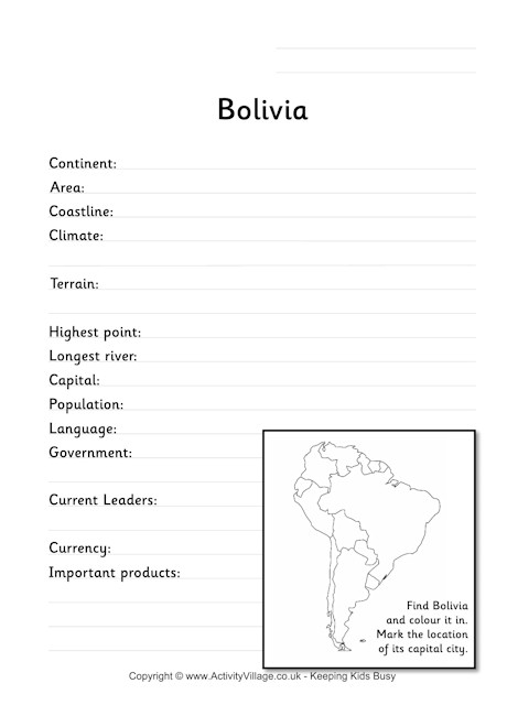 Bolivia fact worksheet