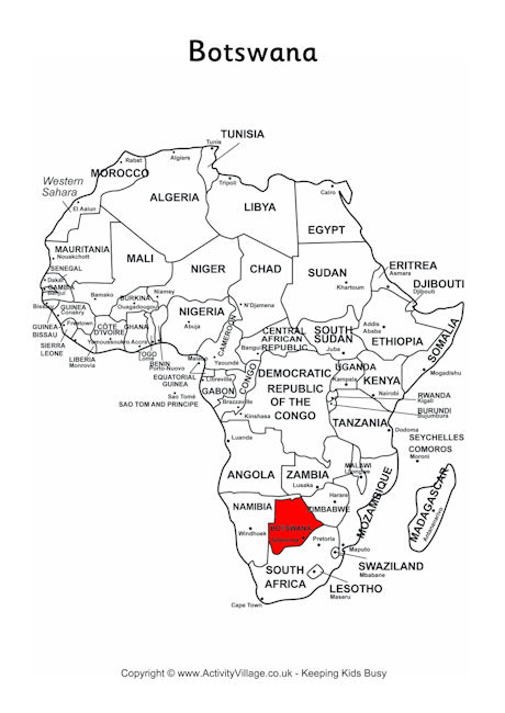 Botswana on map of Africa