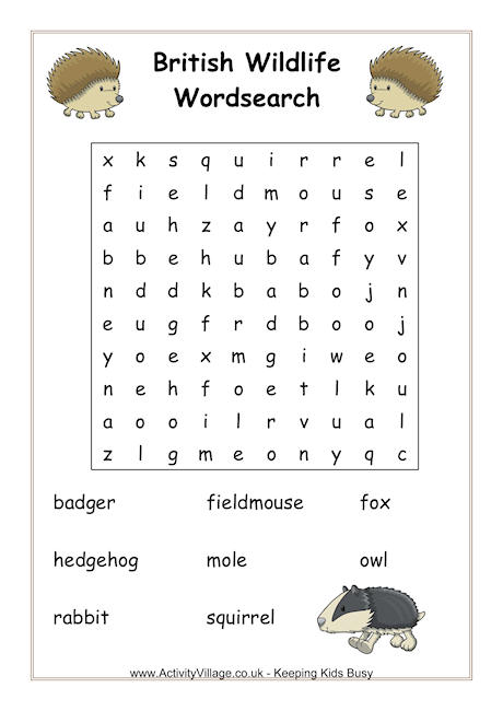 British wildlife wordsearch