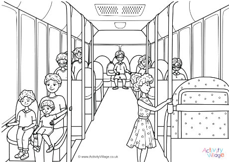Bus scene with masks colouring page