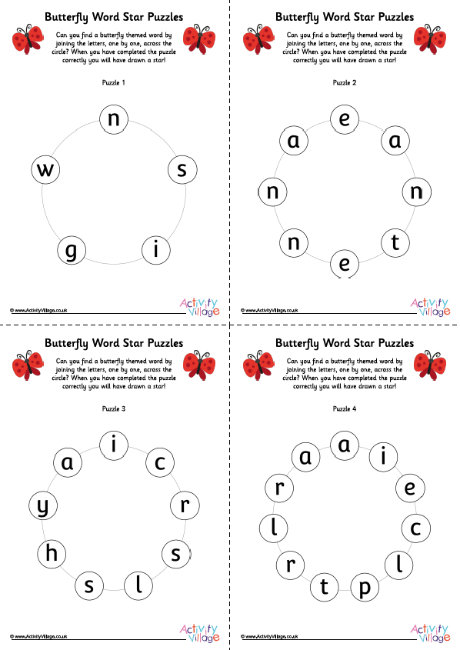 Butterfly word star puzzles