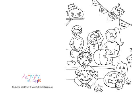Carving pumpkins colouring card