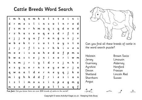 Cattle Breeds Word Search