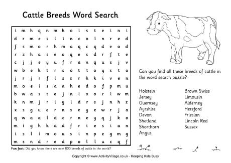 Cattle breeds word search