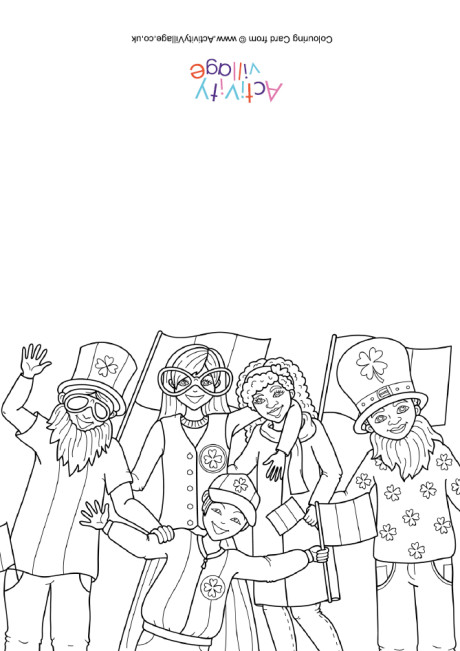 Children celebrating St Patrick's Day colouring card