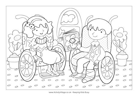 Children in wheelchairs colouring page