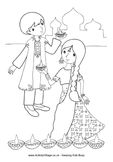 Children with diya colouring page