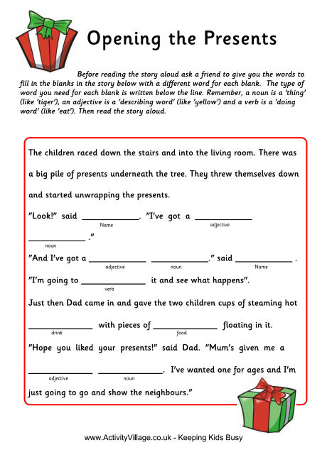 Christmas fill in the blanks story - Opening the Presents