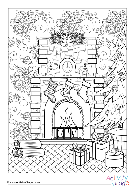 Christmas fireplace doodle colouring page