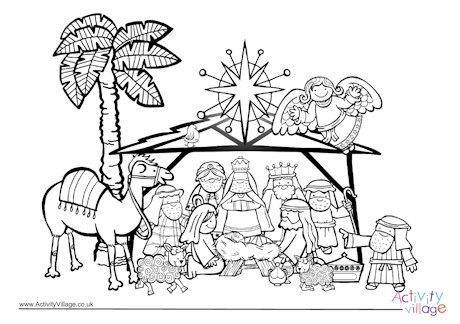 Christmas nativity scene colouring page