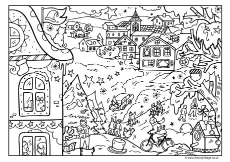 Christmas Village Colouring Page