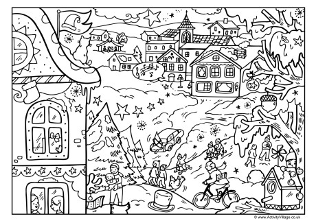 Download Christmas Village Colouring Page