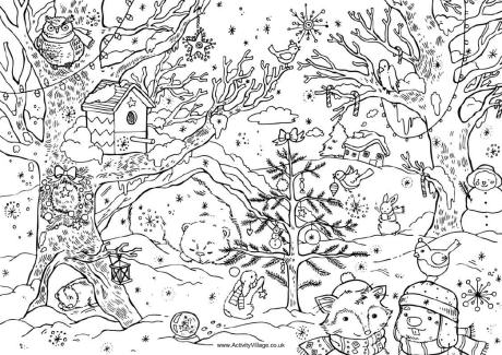 christmas woods colouring page