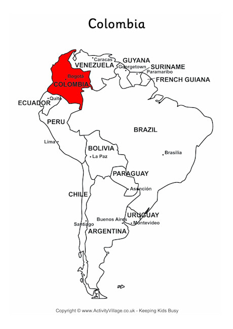 Colombia on map of South America