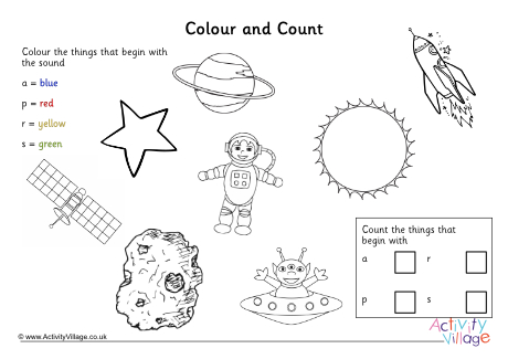 Colour and count space worksheet