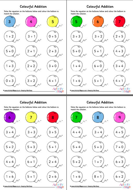 Colourful addition worksheets