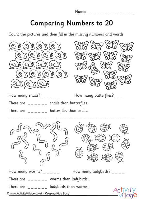 Comparing numbers to 20 worksheet minibeasts
