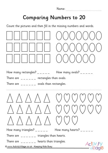 Comparing numbers to 20 worksheet shape 1