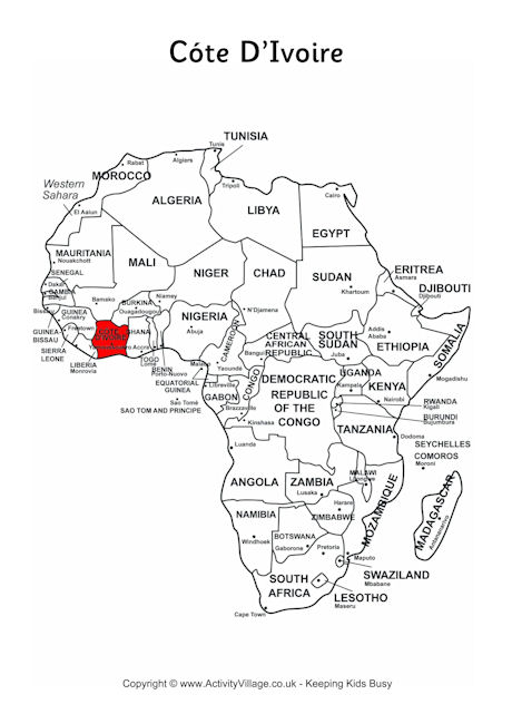 Cote D'Ivoire on map of Africa