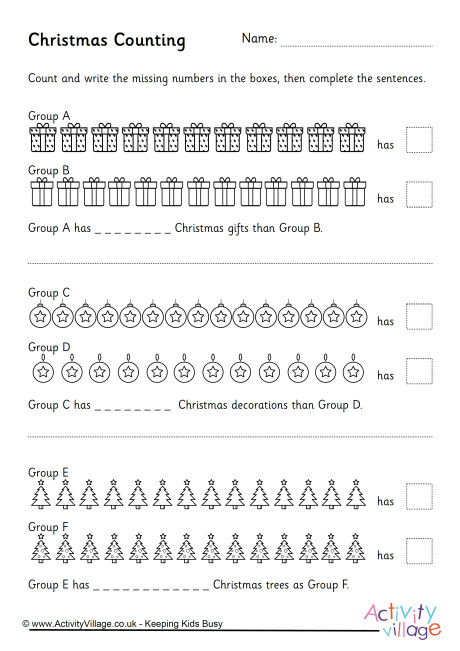 Counting and comparing Christmas worksheet