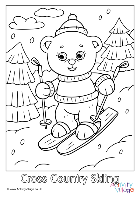 Cross country skiing teddy bear colouring page 2