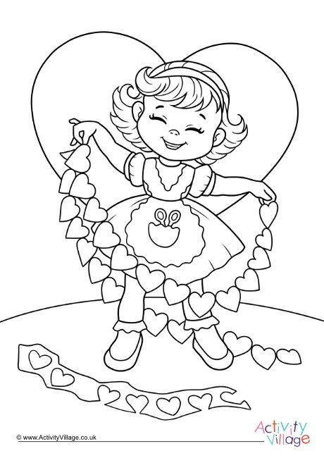 Cutting a heart garland colouring page Cutting a heart garland colouring page