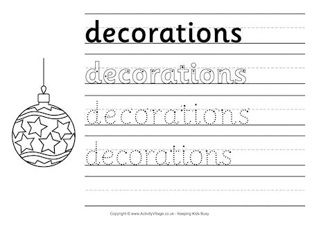 Decorations handwriting worksheet