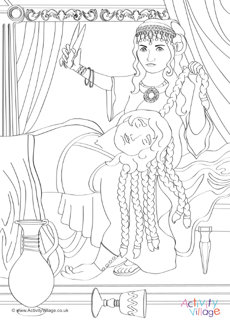 Delilah cutting Samson's hair colouring page