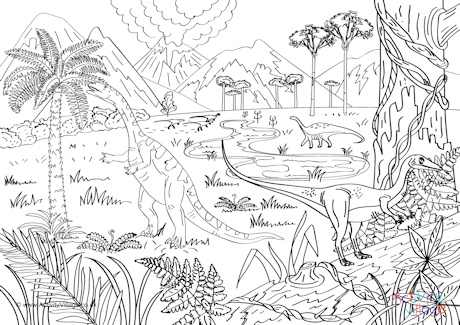 Dinosaur scene colouring page 1