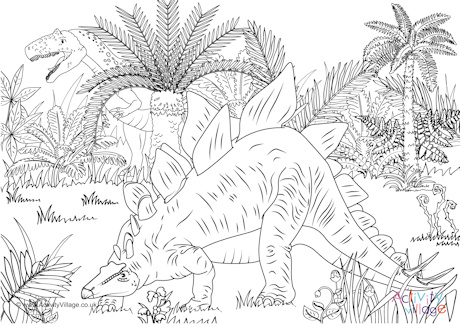 Dinosaur scene colouring page 2