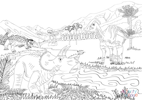 Dinosaur scene colouring page 4