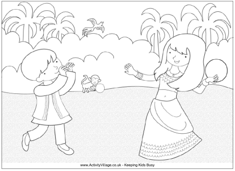 Diwali brother and sister playing colouring page