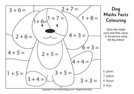 Dog maths facts colouring page