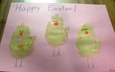 Easter Chick Handprints by Julia, aged nearly 3!