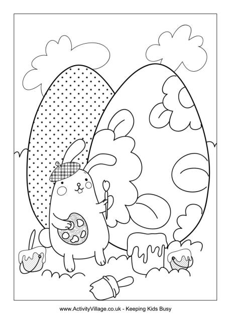 Easter bunny painting egg colouring page