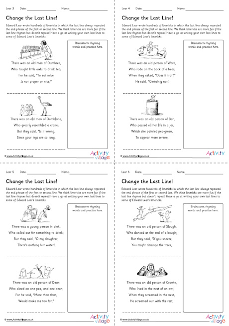 Edward Lear limerick worksheets