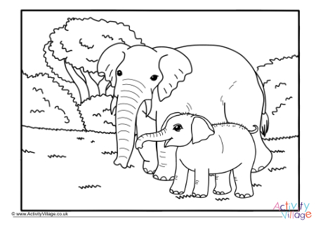 Elephant and baby colouring page