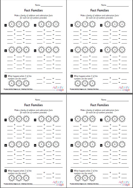 Fact family worksheets set 1