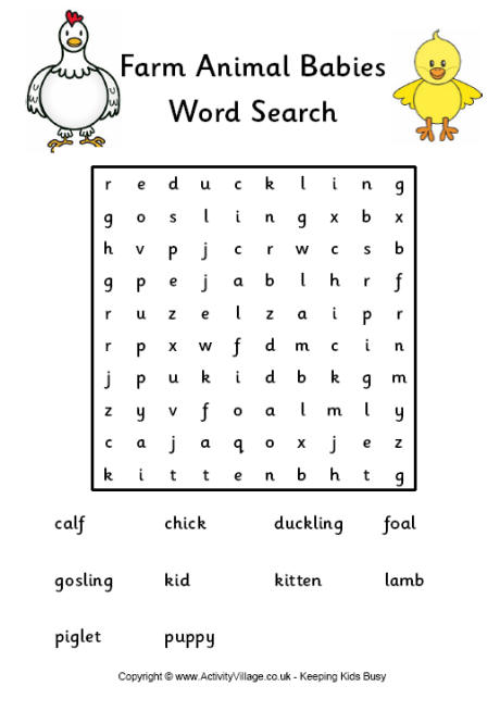 Farm animal babies word search