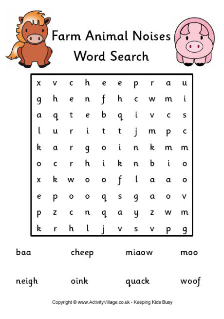 Farm animal noises word search