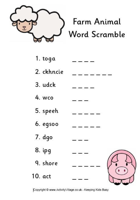 Farm animal word scramble