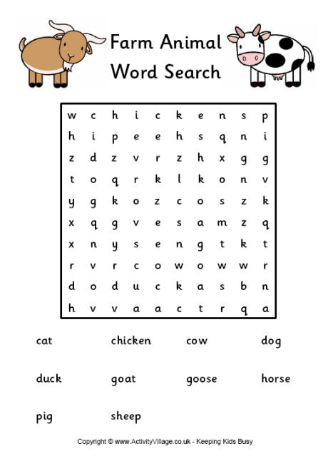 Farm animal word search