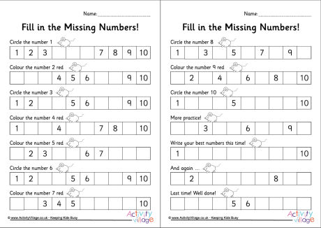 Fill in the missing numbers 1 to 10