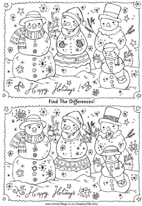 Find the differences family of snowmen puzzle printable