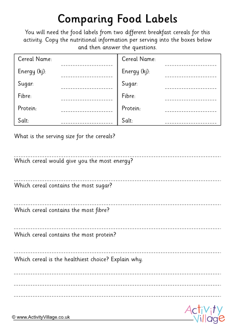 Food label comparison worksheet Food label comparison worksheet