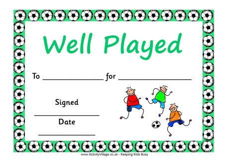 Football certificate - well played
