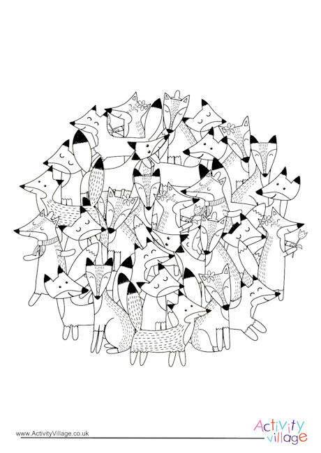Foxes circle colouring page
