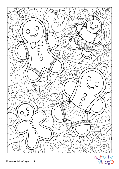 Gingerbread doodle colouring page