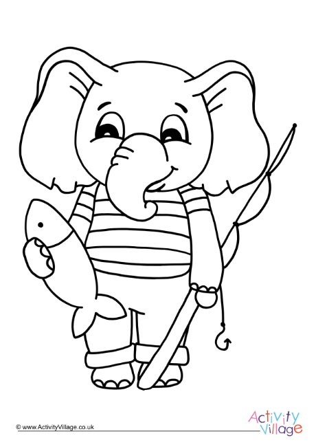 Gone Fishing Elephant  Colouring Page 1